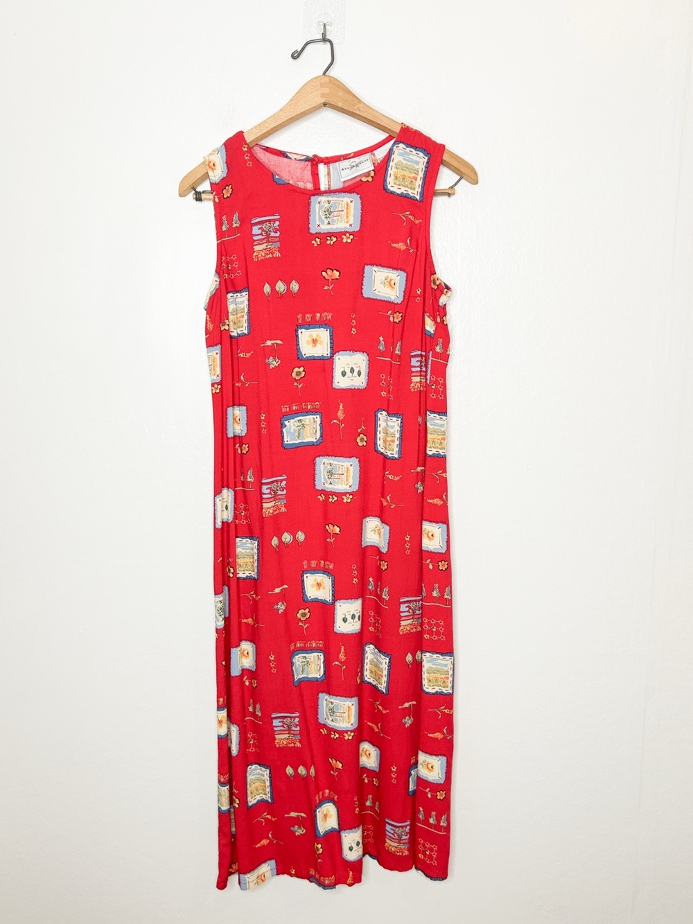 Vintage 90's Studio Ease Eclectic Patchwork Print Sleeveless Midi Dress Red 10